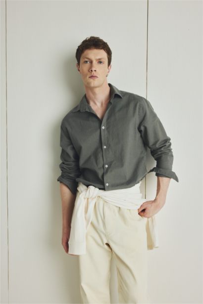 Regular Fit Polo Yaka Keten Yazlık Uzun Kollu Gömlek