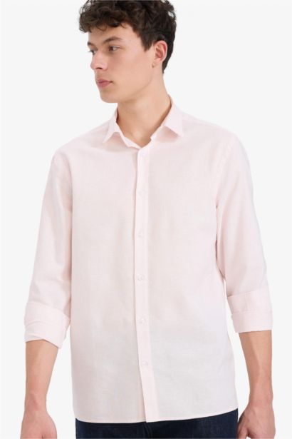 Regular Fit Polo Neck Linen Summer Long Sleeve Shirt