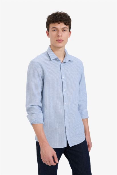 قميص كتان صيفي كم طويل قصة عادية وياقة بولو