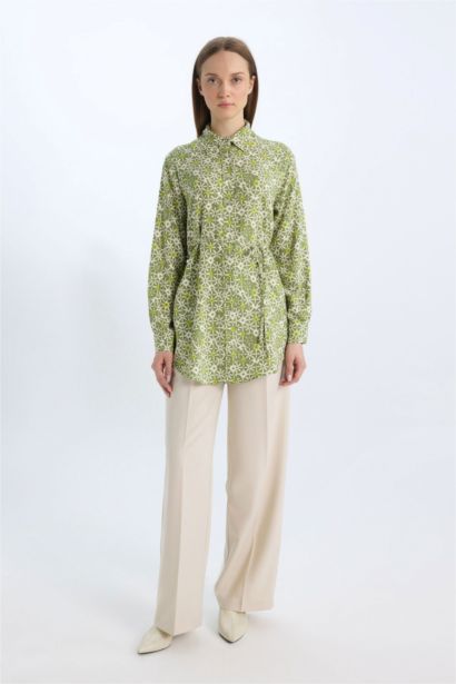 Regular Fit Shirt Collar Printed Long Sleeve Tunic