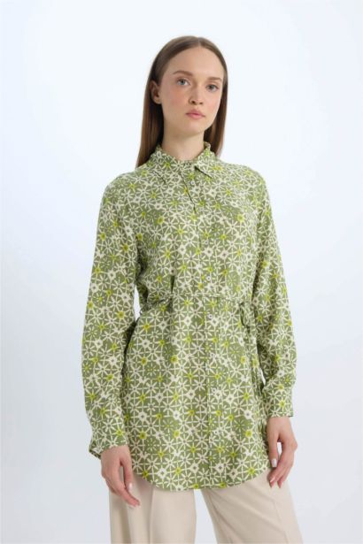 Regular Fit Shirt Collar Printed Long Sleeve Tunic