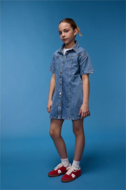 Girl Shirt Collar Short Sleeve Cotton Denim Dress