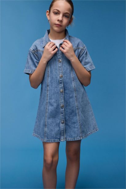 Girl Shirt Collar Short Sleeve Cotton Denim Dress