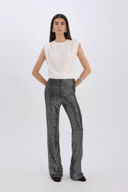 Siyah Şık Payetli Pantolon Flare Fit Yüksek Bel Standart Boy