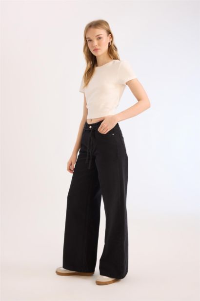 Pantalon taille haute large en gabardine