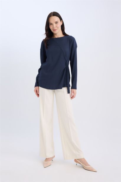 Crew Neck Tied Detailed Casual Crepe Blue T-Shirt