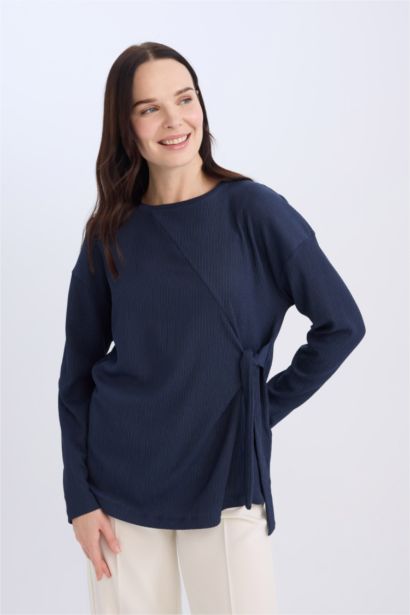 Crew Neck Tied Detailed Casual Crepe Blue T-Shirt