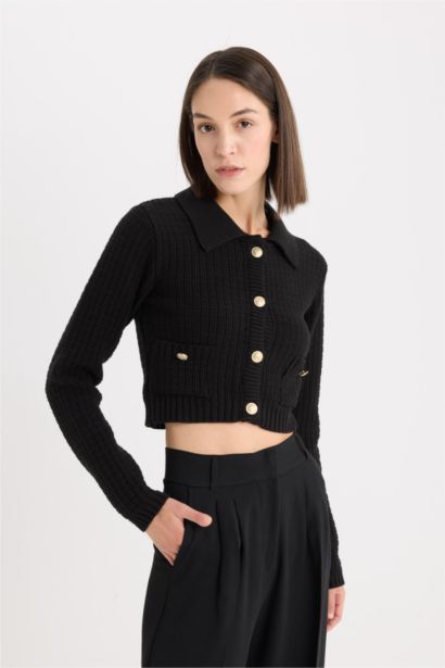 Crop Shirt Collar Cardigan