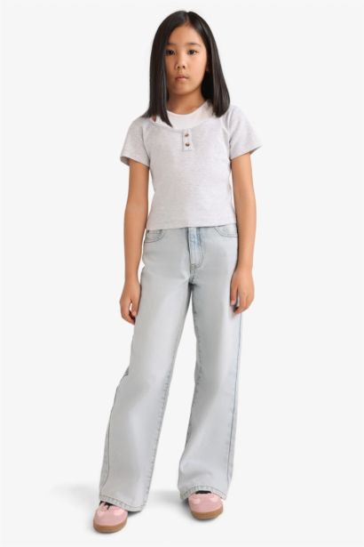 Cropped Fit Bisiklet Yaka Ribana Kısa Kollu Tişört Kız Çocuk