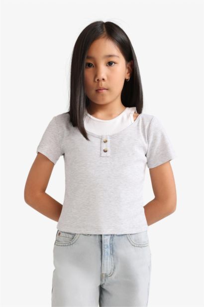 Cropped Fit Bisiklet Yaka Ribana Kısa Kollu Tişört Kız Çocuk