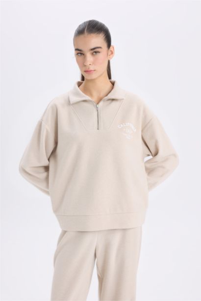 Regular Fit Yarım Fermuarlı Baskılı Sweatshirt