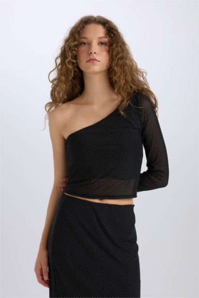 Slim Fit One Shoulder Tulle Long Sleeve T-Shirt