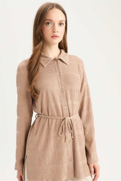 قميص طويل منسوج ردن طويل قصة عادية