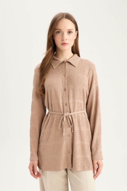 قميص طويل منسوج ردن طويل قصة عادية