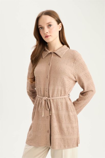 قميص طويل منسوج ردن طويل قصة عادية