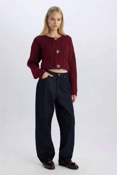 Relax Fit Bisiklet Yaka Düğmeli Örgü Desenli Triko Hırka