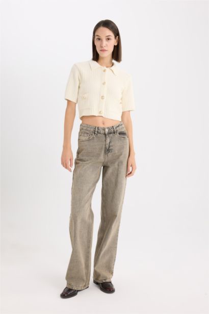 Crop Shirt Collar Cardigan