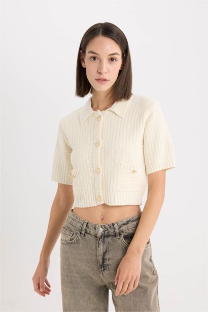 Crop Shirt Collar Cardigan
