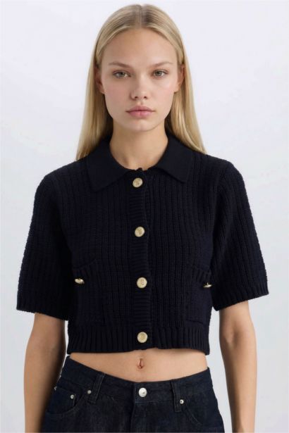 Crop Shirt Collar Cardigan
