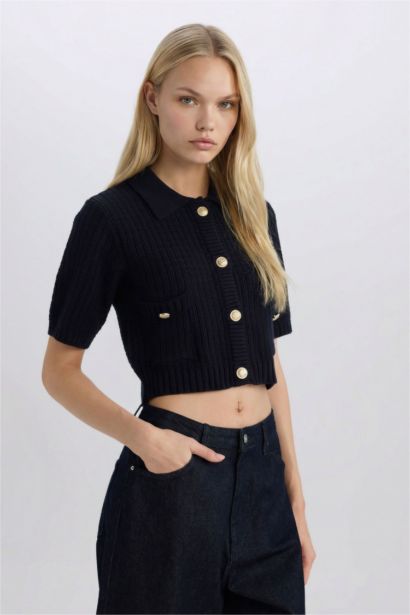 Crop Shirt Collar Cardigan