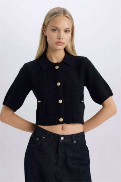 Crop Shirt Collar Cardigan