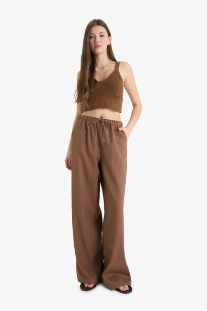 Wide Leg Elastic Waist Linen Blend Trousers