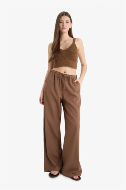 Wide Leg Elastic Waist Linen Blend Trousers