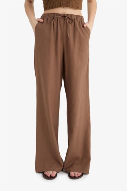 Wide Leg Elastic Waist Linen Blend Trousers