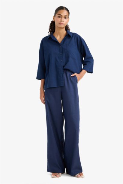 Wide Leg Double Pocket Linen Blended Trousers