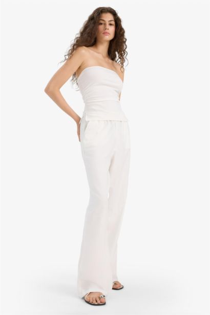 Wide Leg Elastic Waist Linen Blend Trousers