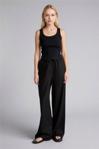 بنطرون وايد ليج برجل واسع بجيب من مزيج الكتان