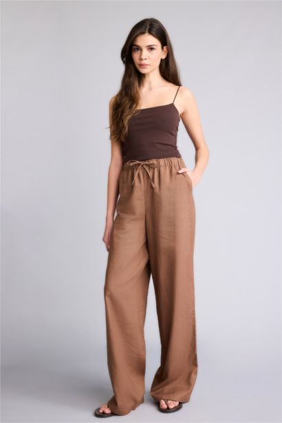 Wide Leg Elastic Waist Linen Blend Trousers