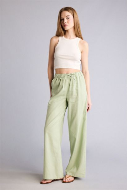 بنطرون وايد ليج برجل واسع بجيب من مزيج الكتان