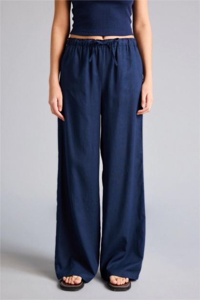 بنطرون وايد ليج برجل واسع بجيب من مزيج الكتان