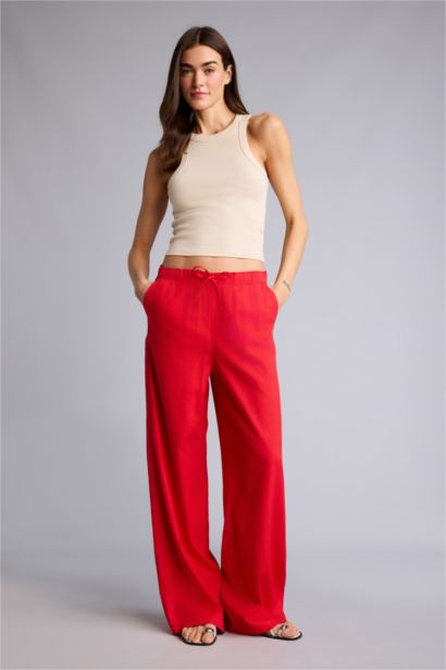 Wide Leg Çift Cepli Beli Lastikli Standart Boy Keten Karışımlı Pantolon