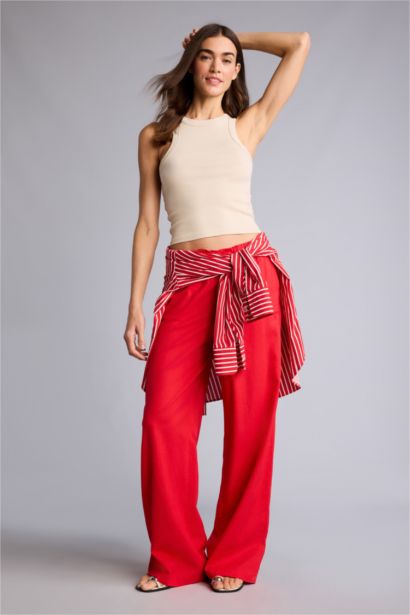 Wide Leg Çift Cepli Beli Lastikli Standart Boy Keten Karışımlı Pantolon