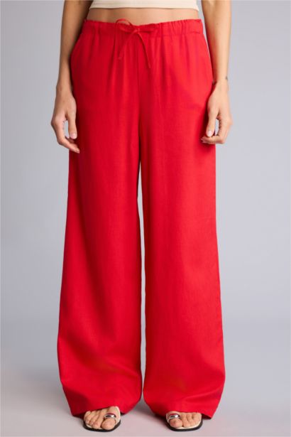 Wide Leg Çift Cepli Beli Lastikli Standart Boy Keten Karışımlı Pantolon