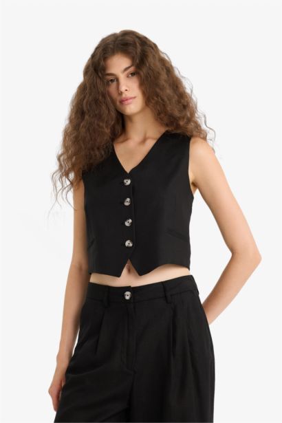 V-Neck Linen Blended Vest