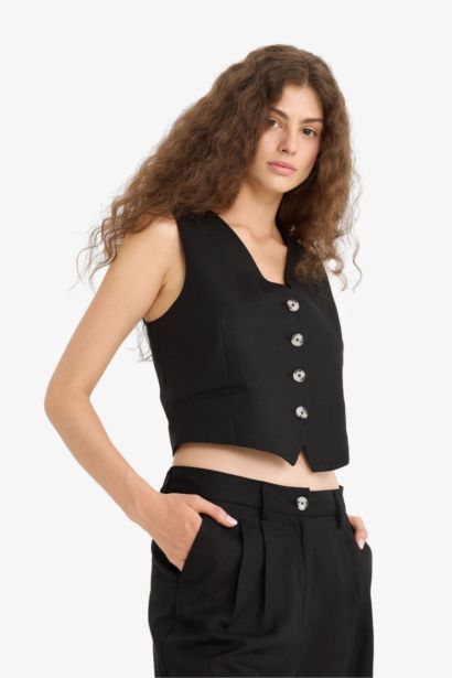 V-Neck Linen Blended Vest