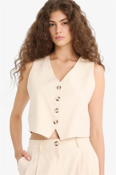 V Neck Linen Blend Blazer Vest