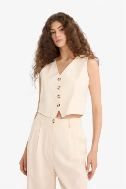 V Neck Linen Blend Blazer Vest