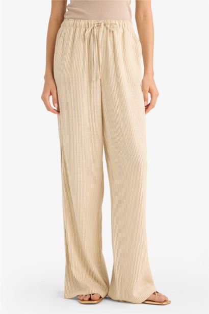 Wide Leg Çift Cepli Beli Lastikli Standart Boy Keten Karışımlı Pantolon
