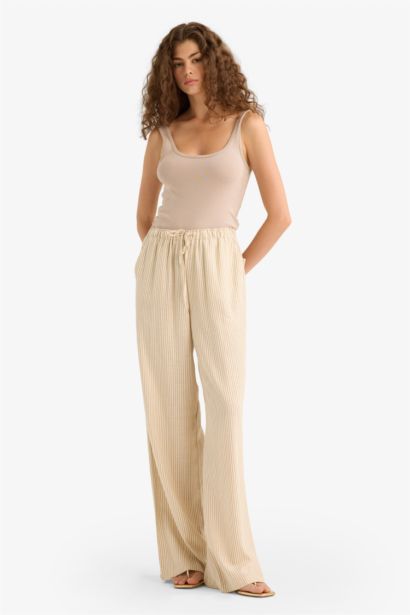 Wide Leg Çift Cepli Beli Lastikli Standart Boy Keten Karışımlı Pantolon