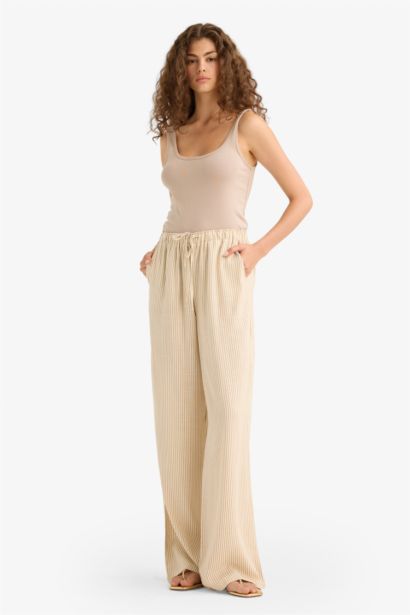 Wide Leg Çift Cepli Beli Lastikli Standart Boy Keten Karışımlı Pantolon