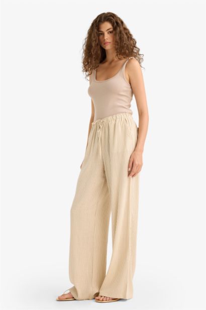 Wide Leg Çift Cepli Beli Lastikli Standart Boy Keten Karışımlı Pantolon