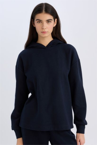Relax Fit Kapüşonlu Basic Düz Sweatshirt