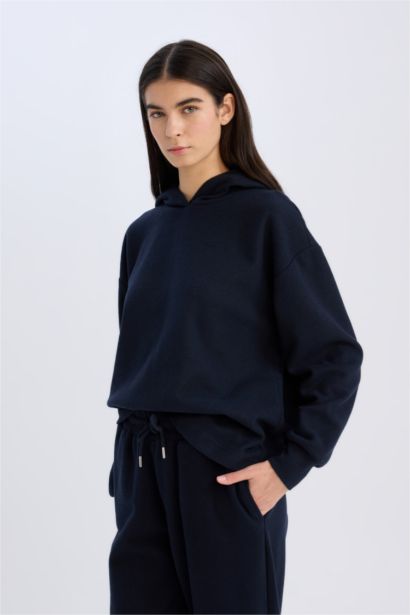 Relax Fit Kapüşonlu Basic Düz Sweatshirt