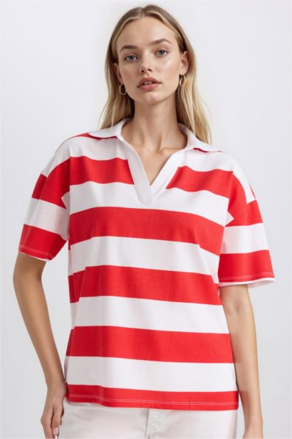Relax Fit Polo Yaka Çizgili Penye Kısa Kollu Tişört