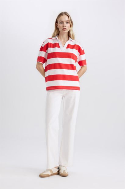 Relax Fit Polo Yaka Çizgili Penye Kısa Kollu Tişört