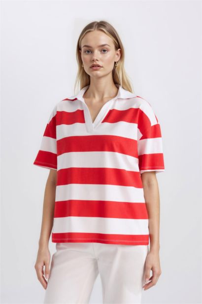 Relax Fit Polo Yaka Çizgili Penye Kısa Kollu Tişört